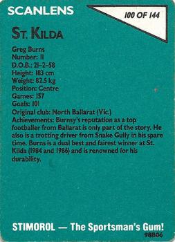 1988 Scanlens VFL #100 Greg Burns Back